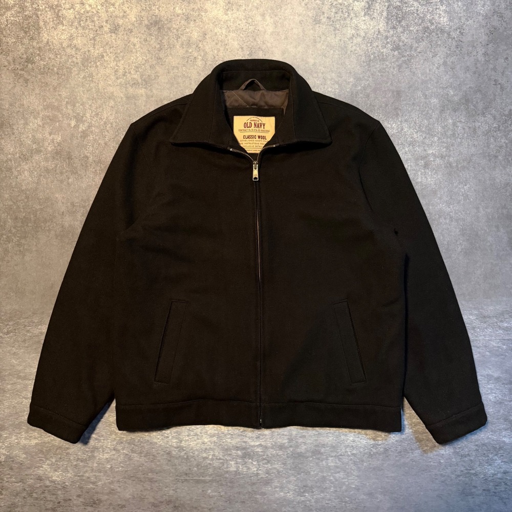 Old‎ Navy Mens Large Classic Wool Full Zip Jacket Black Harrington Coat